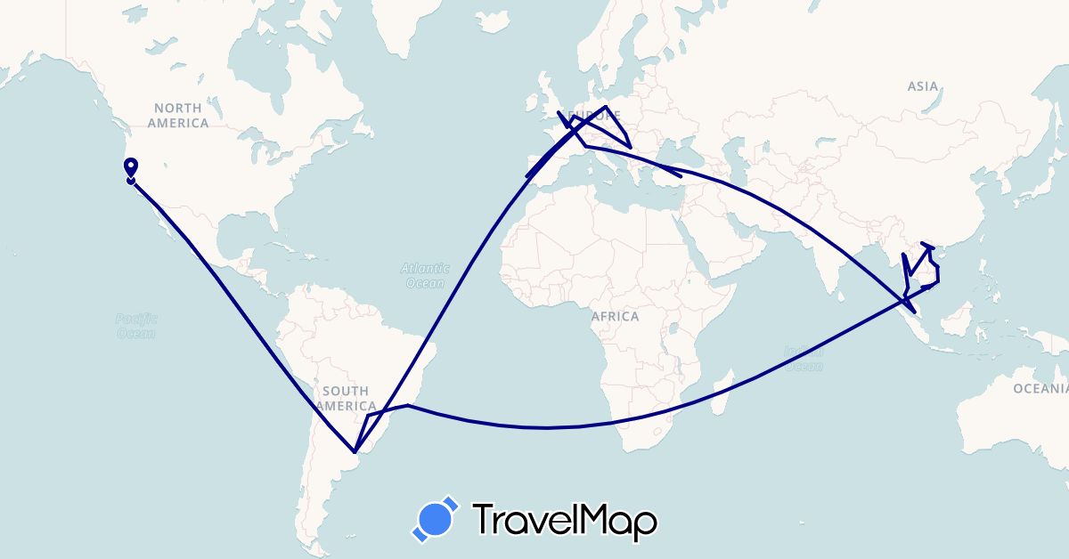 TravelMap itinerary: driving in Argentina, Belgium, Brazil, Germany, France, United Kingdom, Hungary, Italy, Malaysia, Portugal, Serbia, Thailand, Turkey, United States, Vietnam (Asia, Europe, North America, South America)